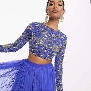 ASOS DESIGN crystal placement lehenga crop top in blue